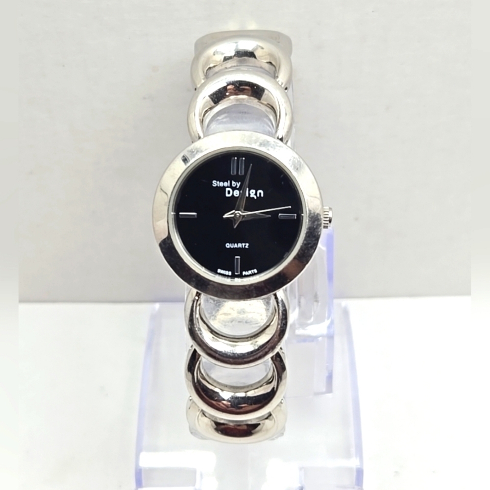Womens Steel By Design QVC Swiss Watch Silver Tone Black Dial New Battery